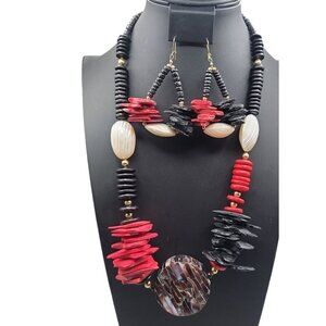 Boho Style Large Shell Pendant Necklace & Earrings Red Black Wood White Glass
